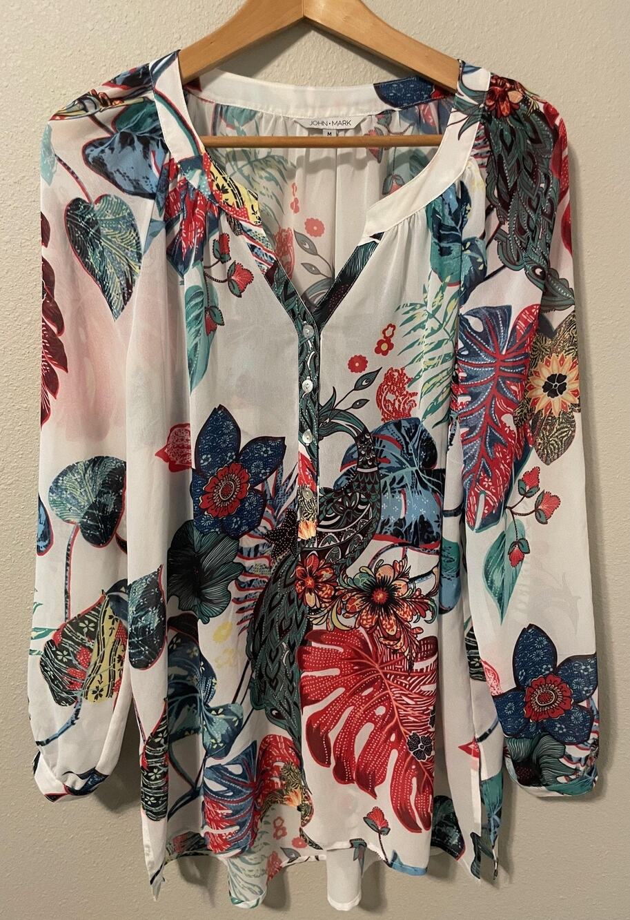 John Mark Tunic Womens Medium Multicolor Floral Leaf Semi Sheer Boho Artsy